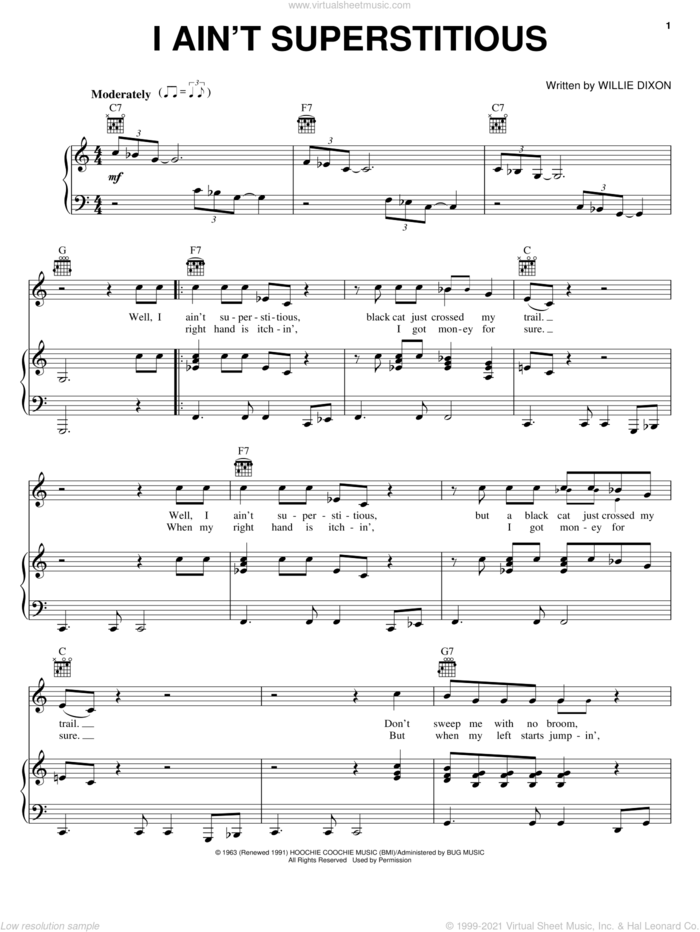 I Ain't Superstitious sheet music for voice, piano or guitar by Howlin' Wolf, Jeff Beck and Willie Dixon, intermediate skill level