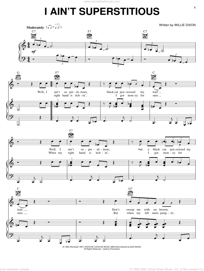 I Ain't Superstitious sheet music for voice, piano or guitar by Howlin' Wolf, Jeff Beck and Willie Dixon, intermediate skill level