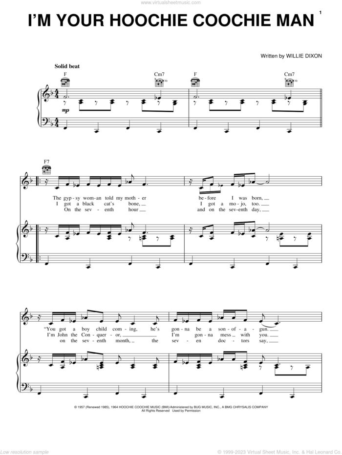 I'm Your Hoochie Coochie Man sheet music for voice, piano or guitar by Allman Brothers Band, Cadillac Records (Movie), Jimi Hendrix, The Allman Brothers Band, Chuck Berry, Jeffrey Wright, Muddy Waters and Willie Dixon, intermediate skill level