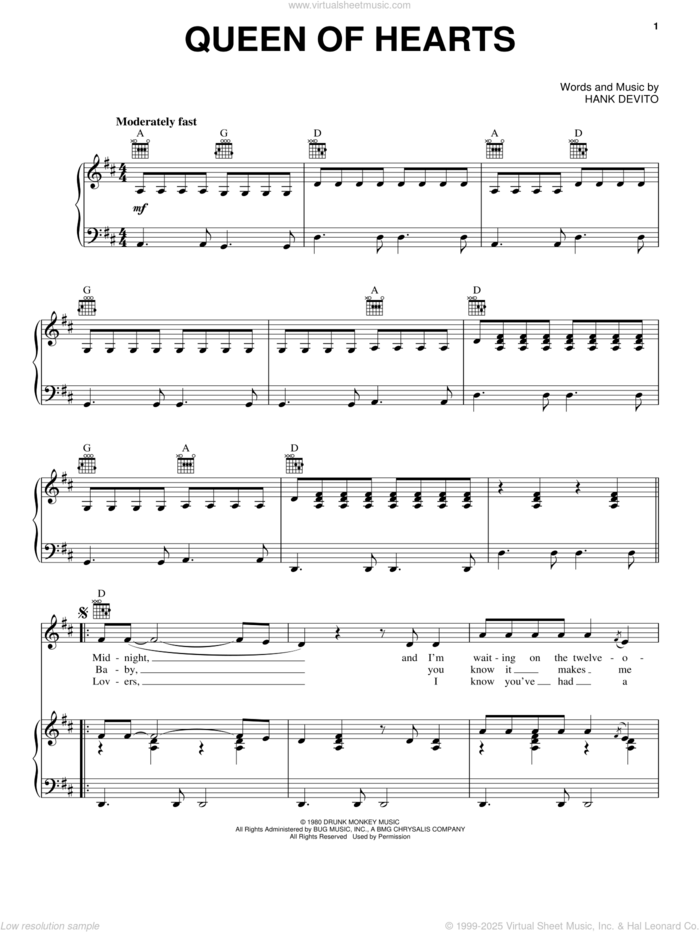 Queen Of Hearts sheet music for voice, piano or guitar by Juice Newton and Hank DeVito, intermediate skill level