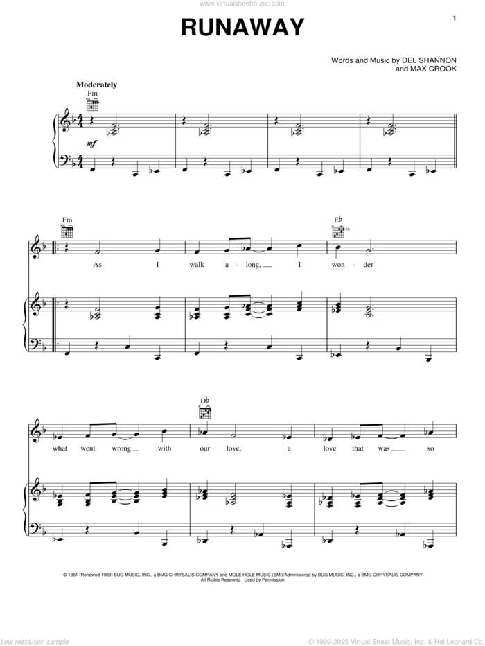 Runaway sheet music for voice, piano or guitar by Del Shannon and Max Crook, intermediate skill level