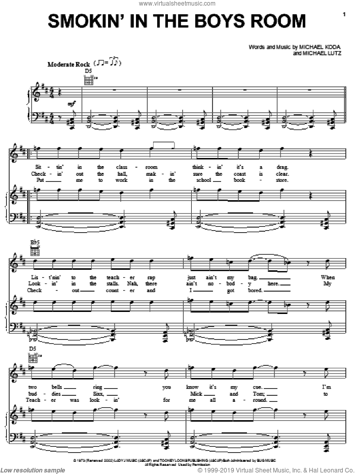 Smokin' In The Boys Room sheet music for voice, piano or guitar by Brownsville Station, Motley Crue, Michael Koda and Michael Lutz, intermediate skill level