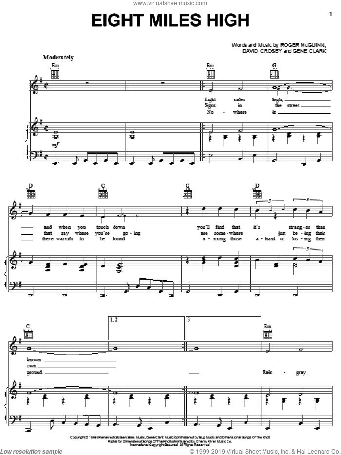 Eight Miles High sheet music for voice, piano or guitar by The Byrds, David Crosby, Gene Clark and Roger McGuinn, intermediate skill level
