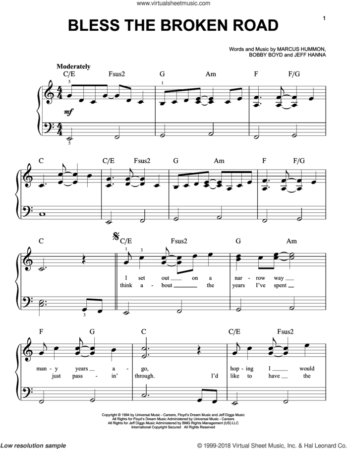 Bless The Broken Road, (easy) sheet music for piano solo by Rascal Flatts, Hannah Montana (Movie), Bobby Boyd, Jeffrey Hanna and Marcus Hummon, wedding score, easy skill level