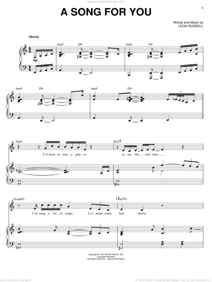 A Song For You sheet music for voice and piano by Michael Buble and Leon Russell, intermediate skill level