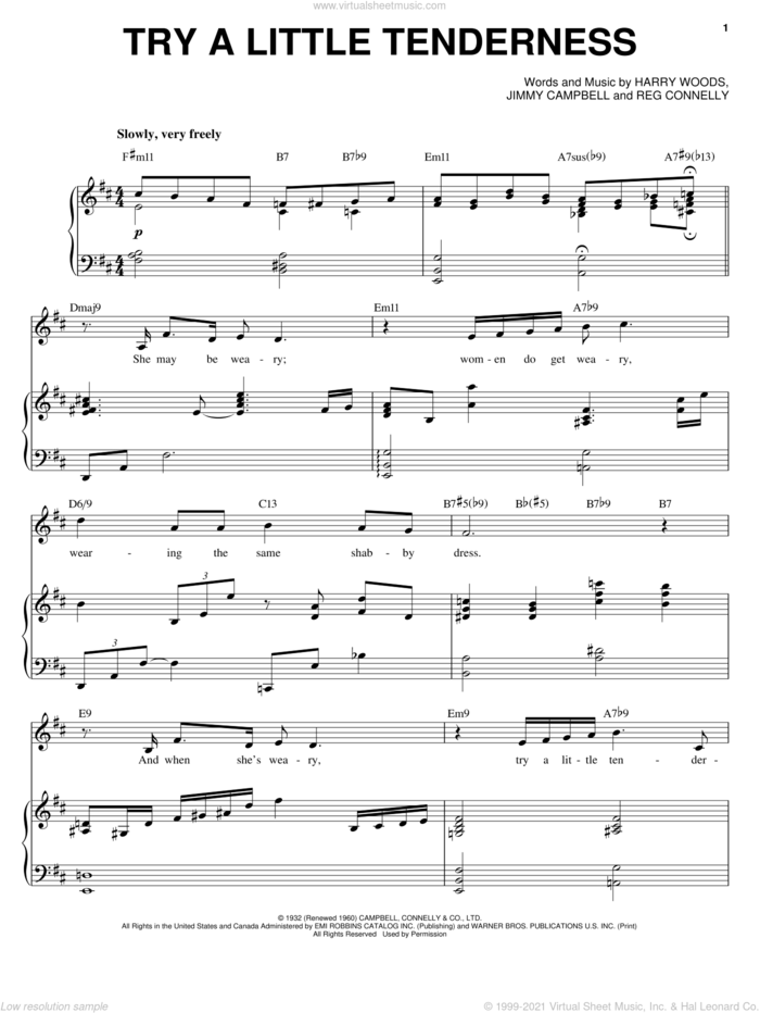 Try A Little Tenderness sheet music for voice and piano by Michael Buble, Frank Sinatra, Harry Woods, Jimmy Campbell and Reg Connelly, intermediate skill level