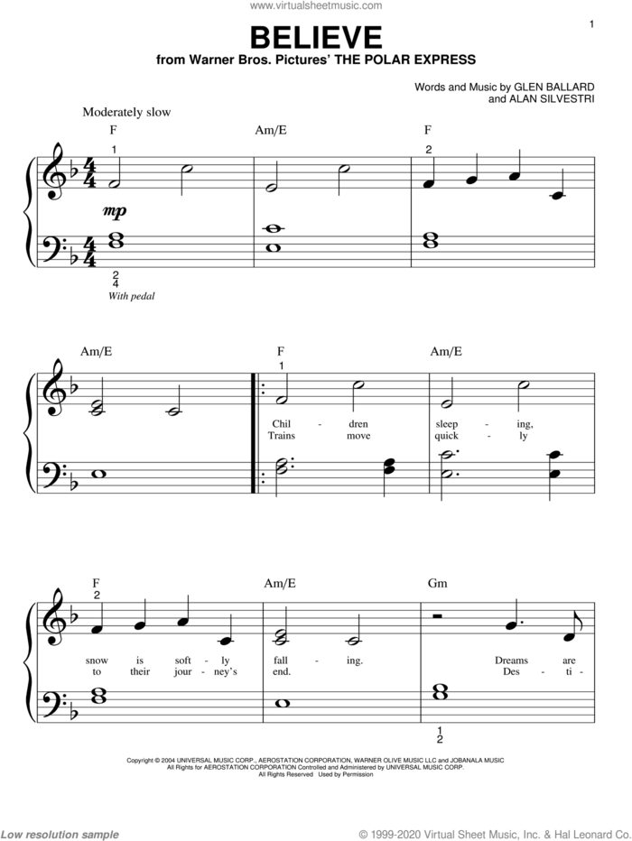 Believe (from The Polar Express) sheet music for piano solo (big note book) by Josh Groban, Alan Silvestri and Glen Ballard, easy piano (big note book)