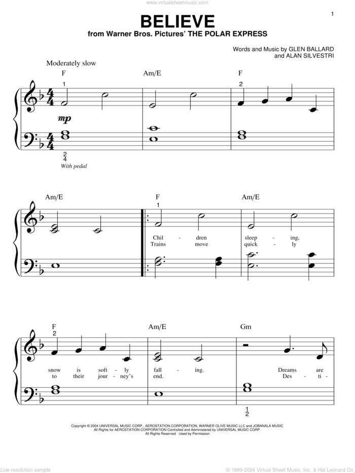 Believe (from The Polar Express) sheet music for piano solo (big note book) by Josh Groban, Alan Silvestri and Glen Ballard, easy piano (big note book)