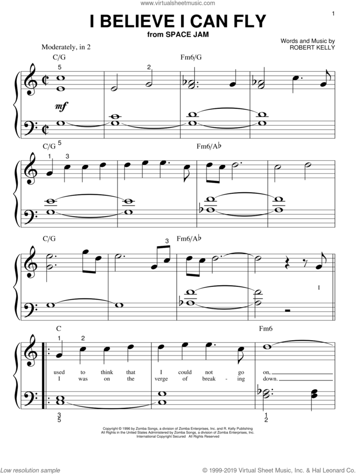 I Believe I Can Fly sheet music for piano solo (big note book) by Robert Kelly, easy piano (big note book)