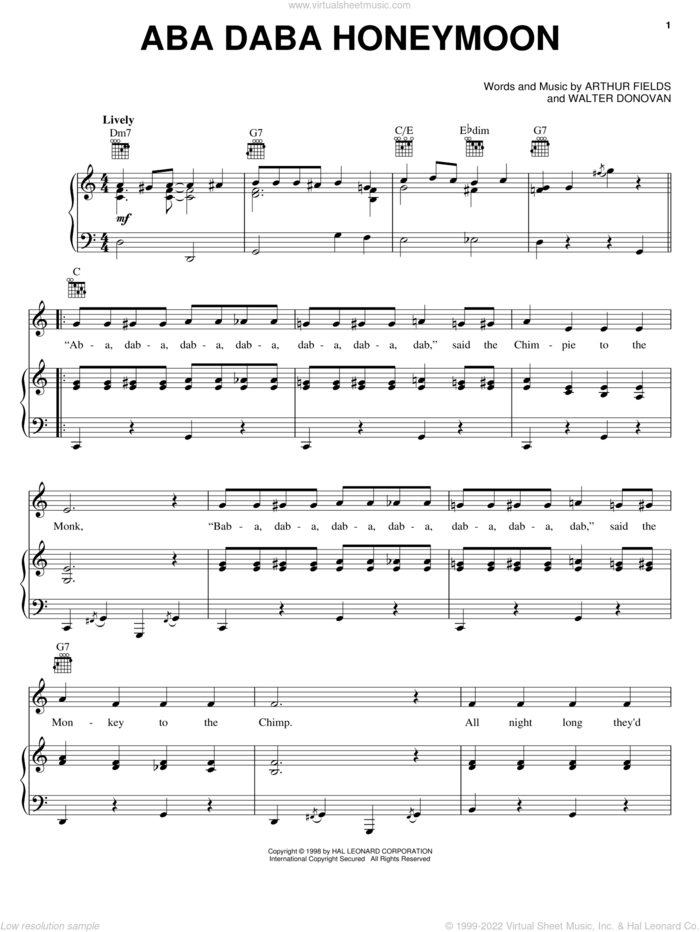 Aba Daba Honeymoon sheet music for voice, piano or guitar by Arthur Fields, Carleton Carpenter, Debbie Reynolds and Walter Donovan, intermediate skill level