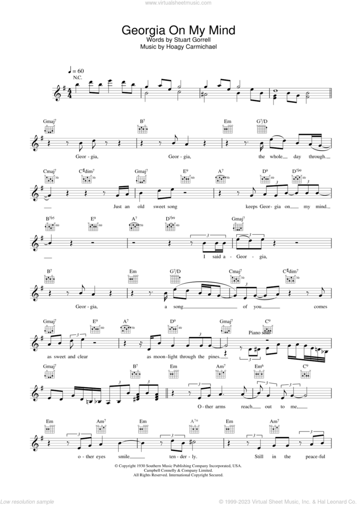 Georgia On My Mind sheet music for voice and other instruments (fake book) by Ray Charles, Willie Nelson, Hoagy Carmichael and Stuart Gorrell, intermediate skill level