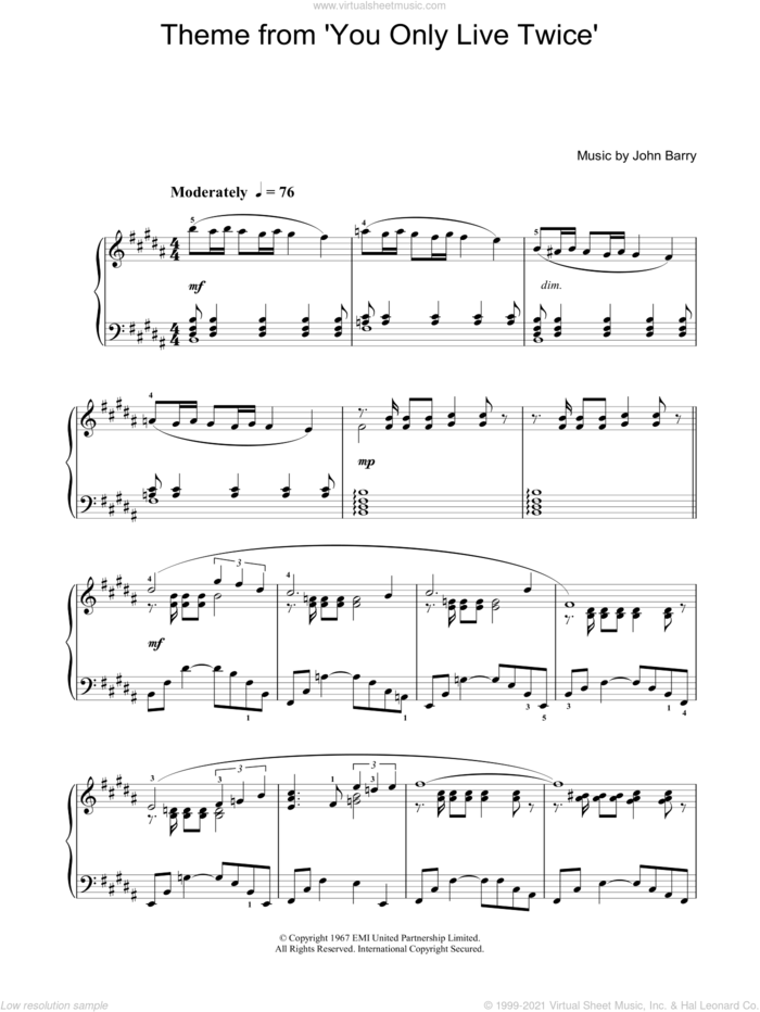 You Only Live Twice sheet music for piano solo by John Barry, Nancy Sinatra and Leslie Bricusse, intermediate skill level