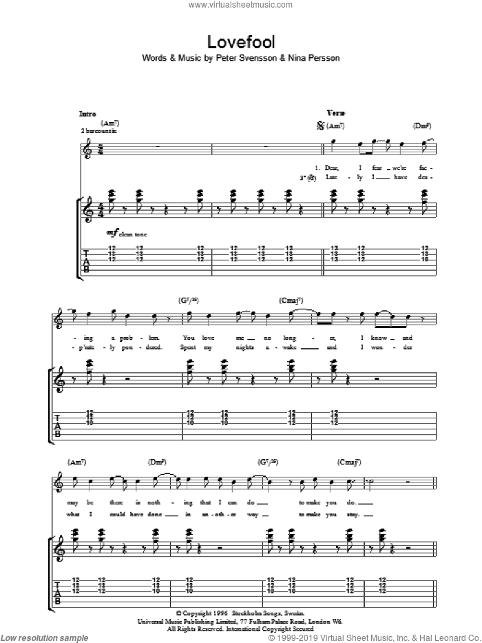 Lovefool sheet music for guitar (tablature) by The Cardigans, Nina Persson and Peter Svensson, intermediate skill level