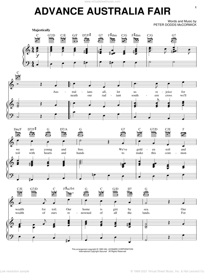 Advance Australia Fair sheet music for voice, piano or guitar by Peter Dodds McCormick, intermediate skill level