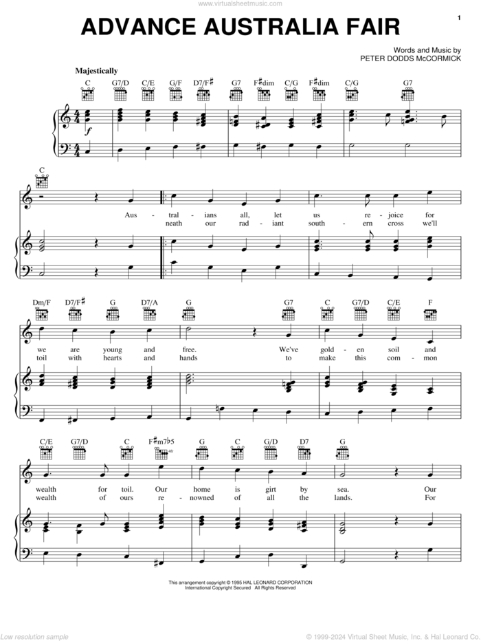 Advance Australia Fair sheet music for voice, piano or guitar by Peter Dodds McCormick, intermediate skill level