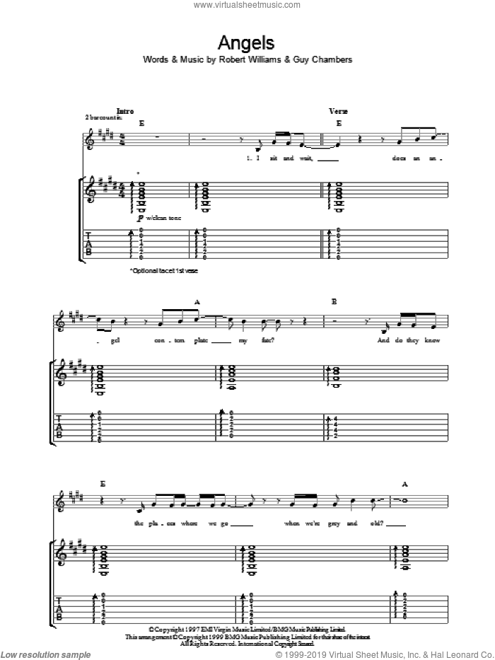 Angels sheet music for guitar (tablature) by Robbie Williams and Guy Chambers, intermediate skill level
