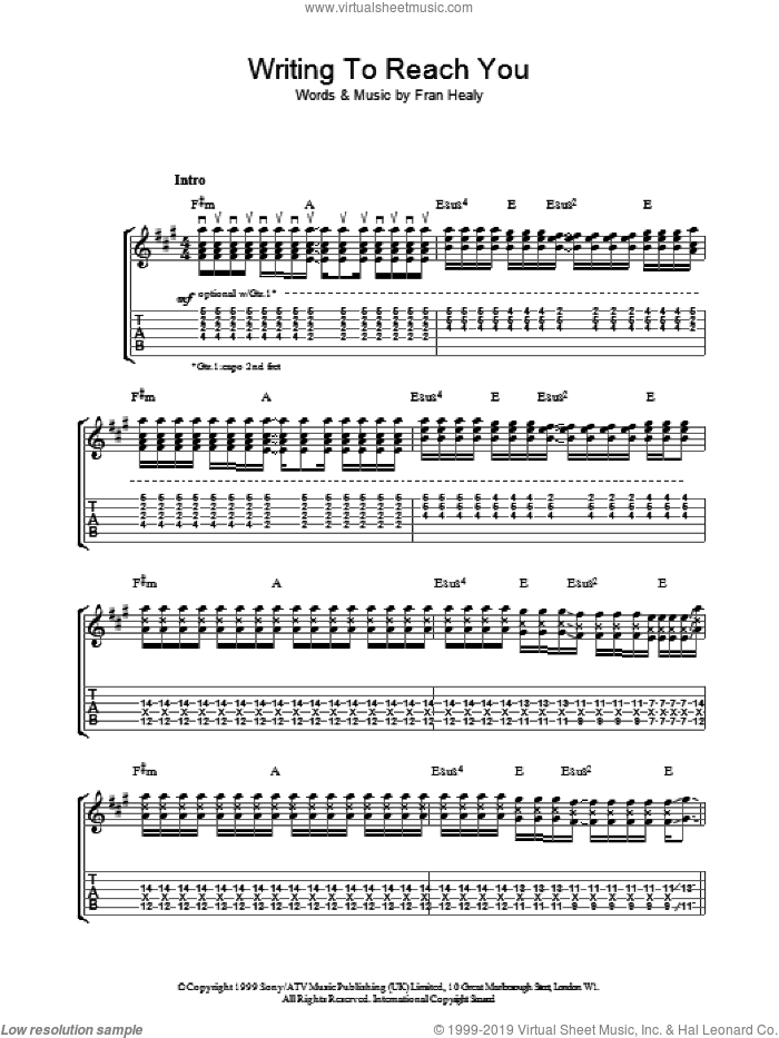 Writing To Reach You sheet music for guitar (tablature) by Merle Travis and Fran Healy, intermediate skill level