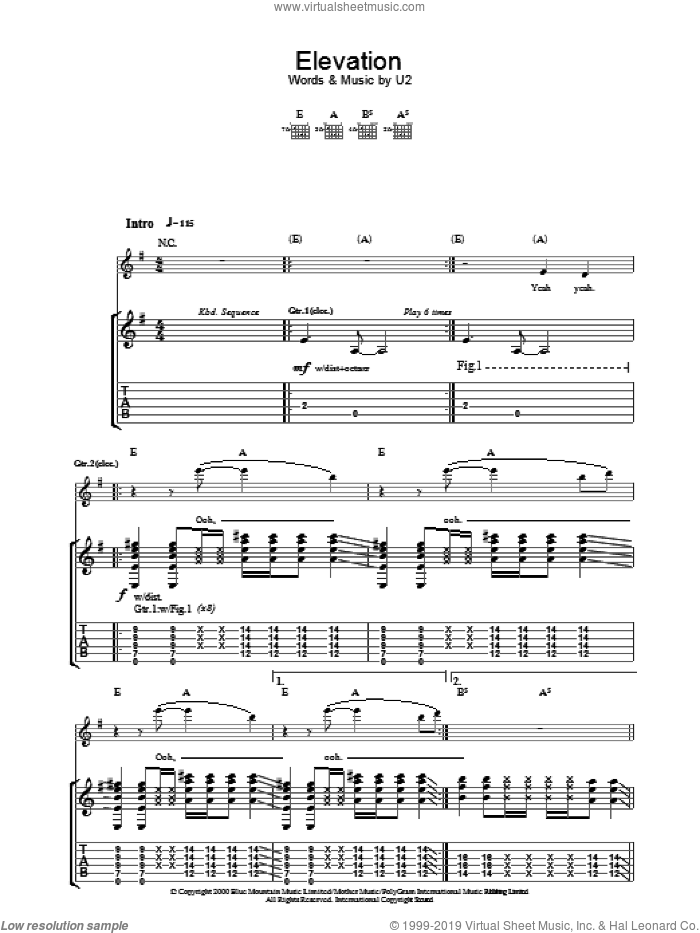 Elevation sheet music for guitar (tablature) by U2 and Bono, intermediate skill level