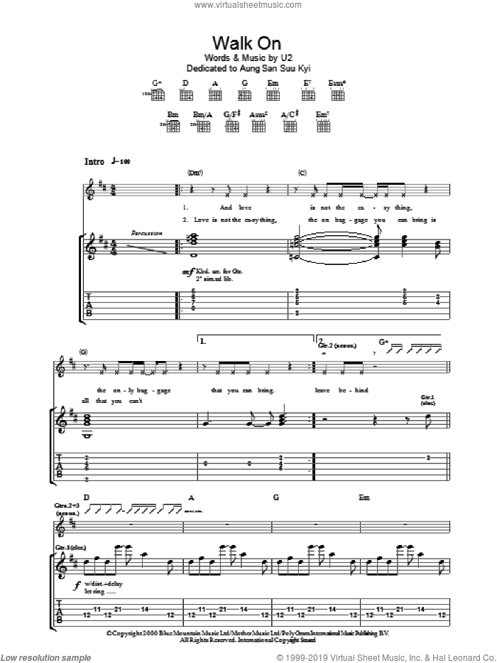 Walk On sheet music for guitar (tablature) by U2 and Bono, intermediate skill level