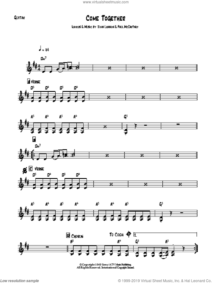Come Together sheet music for guitar solo (chords) by The Beatles, John Lennon and Paul McCartney, easy guitar (chords)