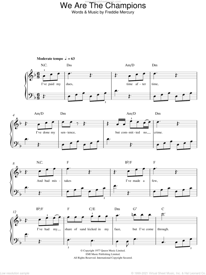We Are The Champions, (easy) sheet music for piano solo by Queen and Freddie Mercury, easy skill level