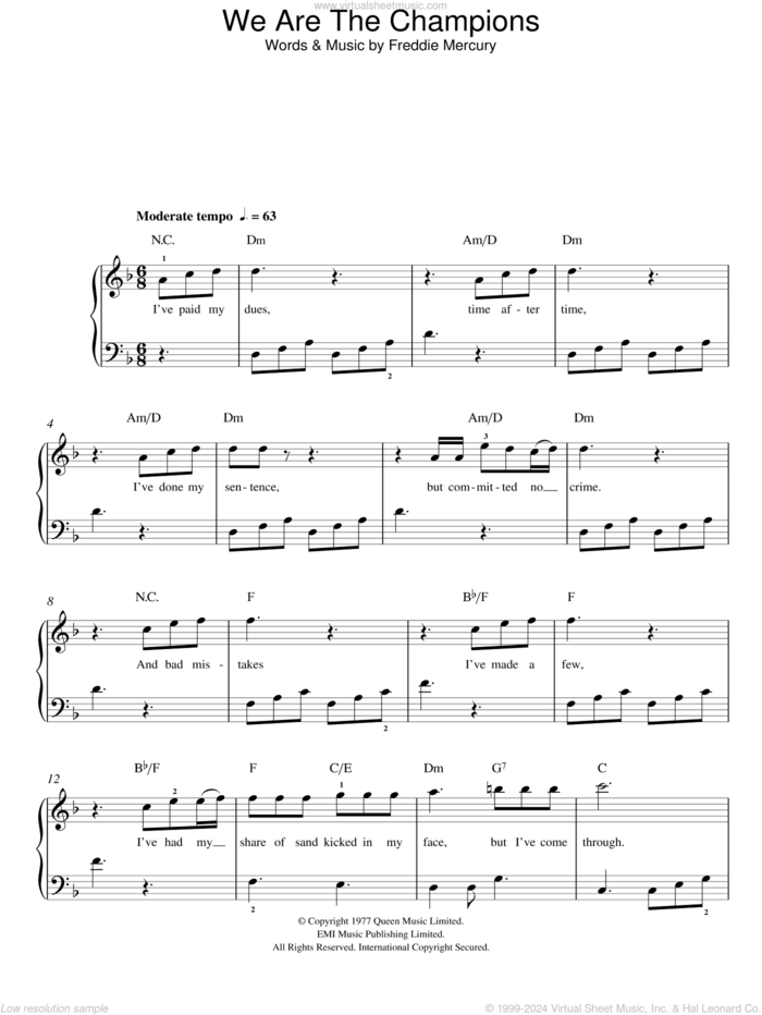 We Are The Champions, (easy) sheet music for piano solo by Queen and Freddie Mercury, easy skill level