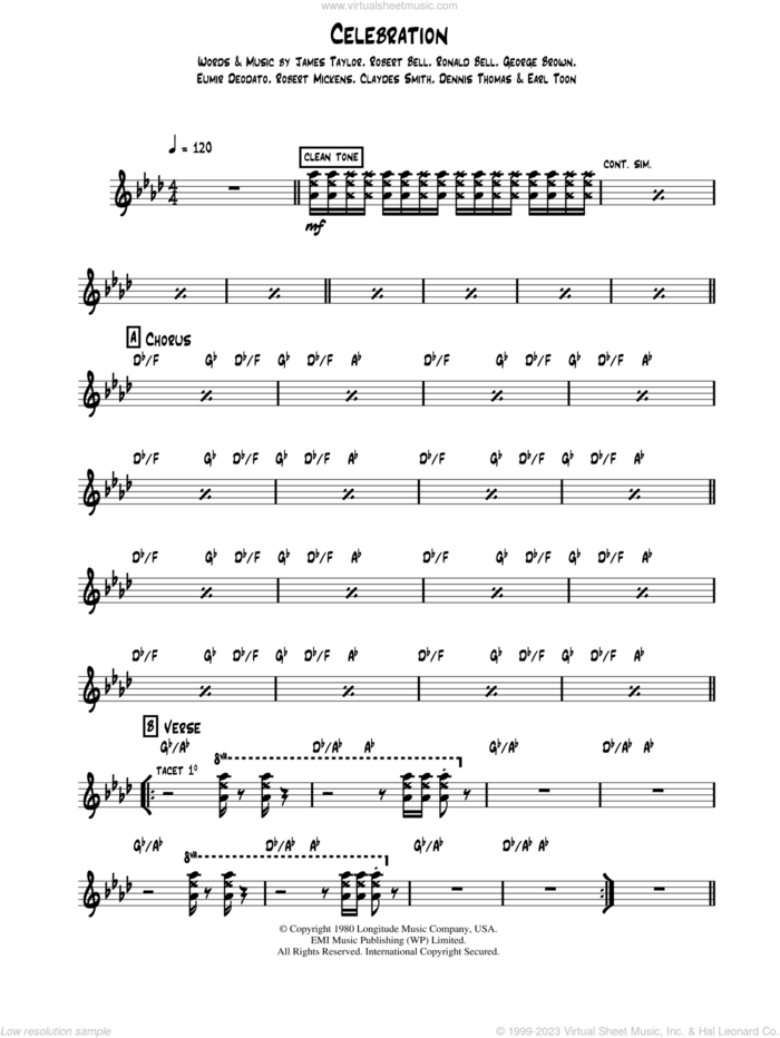 Celebration sheet music for guitar solo (chords) by Kool And The Gang, Claydes Smith, Dennis Thomas, Earl Toon, Eumir Deodato, George Brown, James Taylor, Robert Bell, Robert Mickens and Ronald Bell, easy guitar (chords)