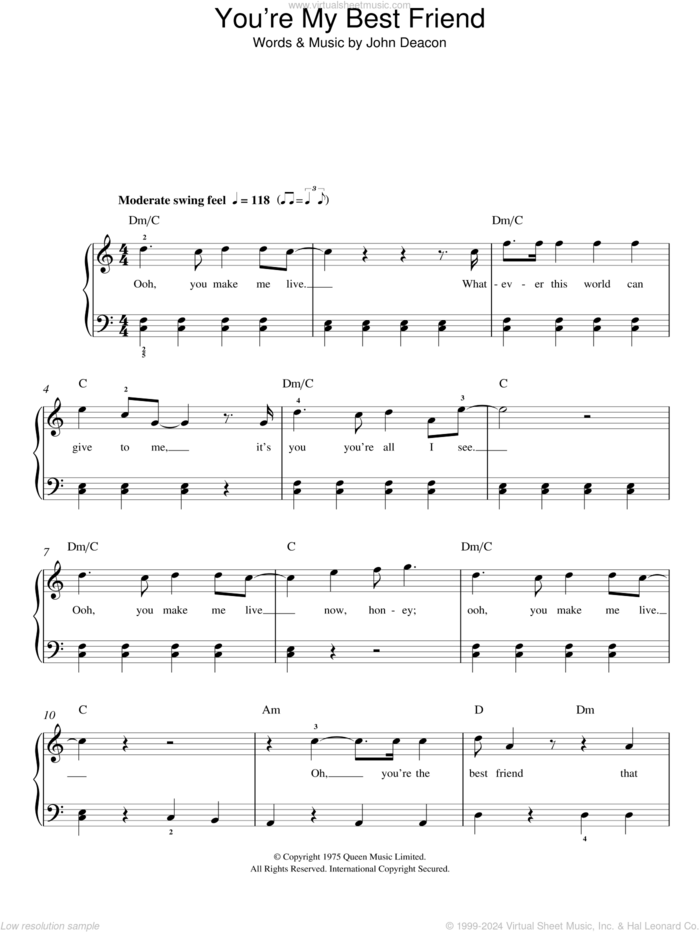 You're My Best Friend sheet music for piano solo by Queen and John Deacon, easy skill level