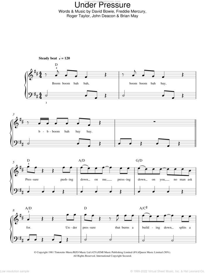 Under Pressure, (easy) sheet music for piano solo by David Bowie & Queen, David Bowie, Queen, Brian May, Freddie Mercury, John Deacon and Roger Taylor, easy skill level