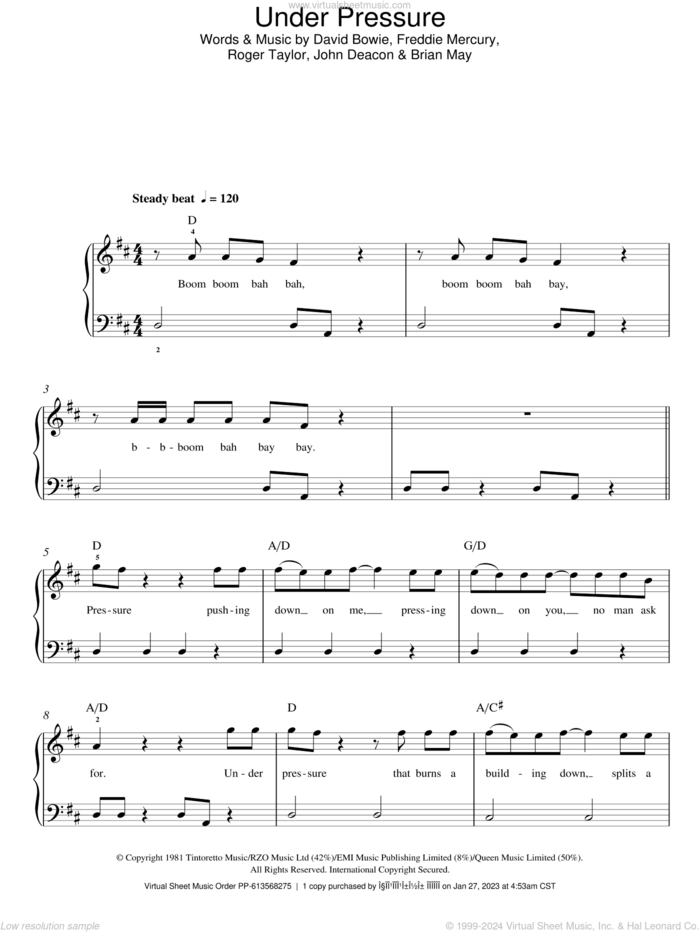 Under Pressure, (easy) sheet music for piano solo by David Bowie & Queen, David Bowie, Queen, Brian May, Freddie Mercury, John Deacon and Roger Taylor, easy skill level