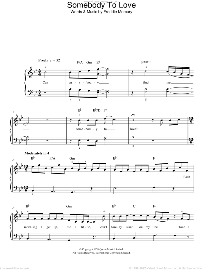 Somebody To Love sheet music for piano solo by Queen and Freddie Mercury, easy skill level