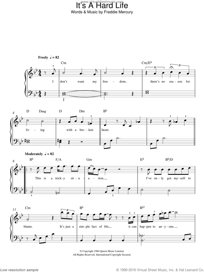 It's A Hard Life sheet music for piano solo by Queen and Freddie Mercury, easy skill level