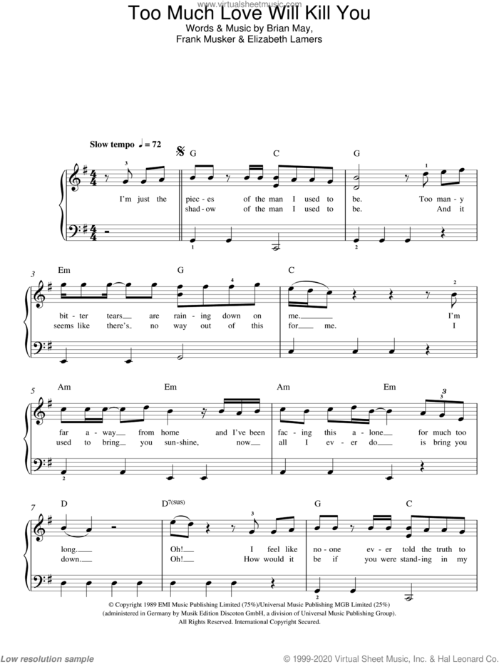 Too Much Love Will Kill You sheet music for piano solo by Queen, Brian May, Elizabeth Lamers and Frank Musker, easy skill level