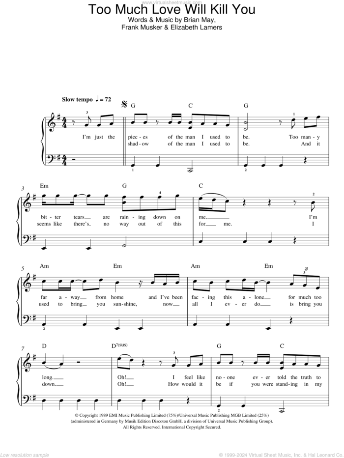 Too Much Love Will Kill You, (easy) sheet music for piano solo by Queen, Brian May, Elizabeth Lamers and Frank Musker, easy skill level