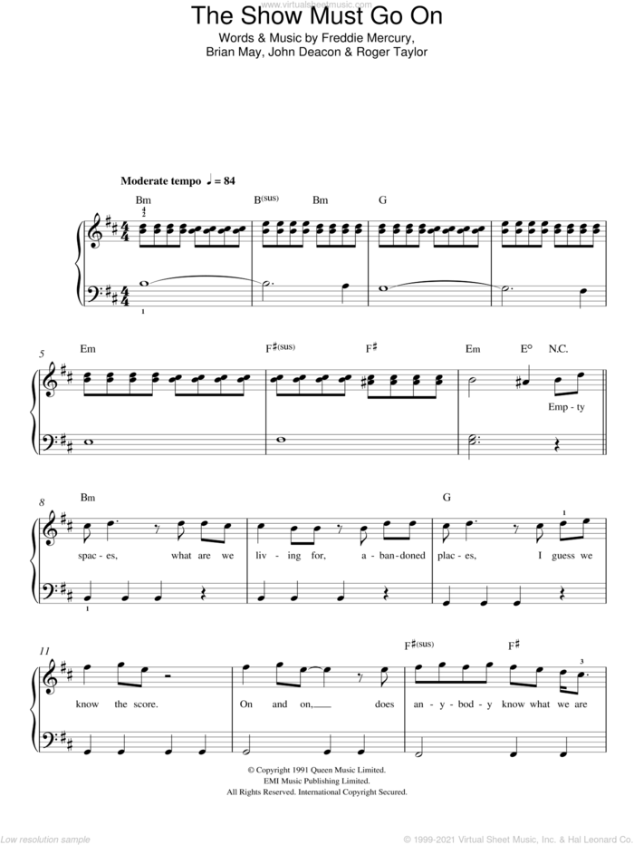 The Show Must Go On sheet music for piano solo by Queen, Brian May, Freddie Mercury, John Deacon and Roger Taylor, easy skill level