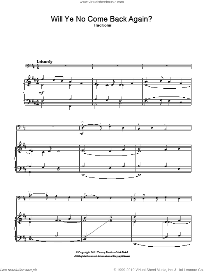 Will Ye No Come Back Again sheet music for voice, piano or guitar, intermediate skill level