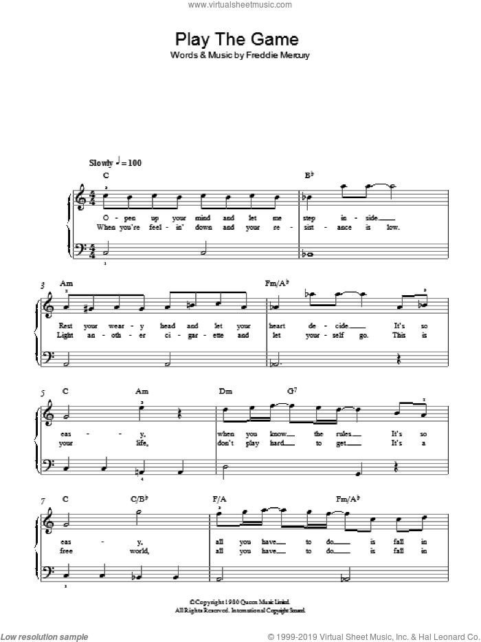 Play The Game sheet music for piano solo by Queen and Freddie Mercury, easy skill level