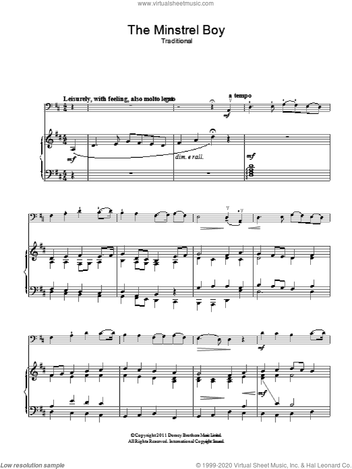 The Minstrel Boy sheet music for voice, piano or guitar, intermediate skill level