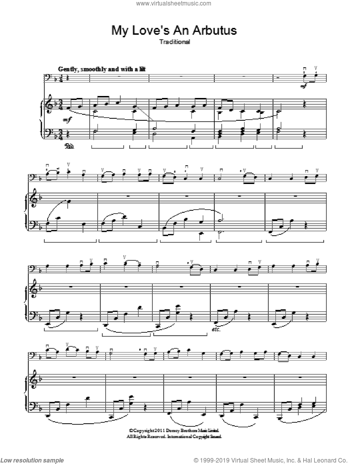 My Love's An Arbutus sheet music for voice, piano or guitar, intermediate skill level