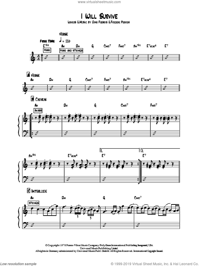 I Will Survive, (intermediate) sheet music for piano solo (chords, lyrics, melody) by Gloria Gaynor, Dino Fekaris and Frederick Perren, intermediate piano (chords, lyrics, melody)