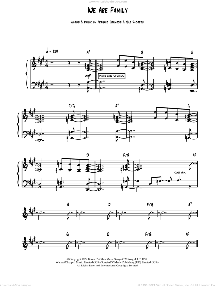 We Are Family, (intermediate) sheet music for piano solo (chords, lyrics, melody) by Sister Sledge, Bernard Edwards and Nile Rodgers, intermediate piano (chords, lyrics, melody)