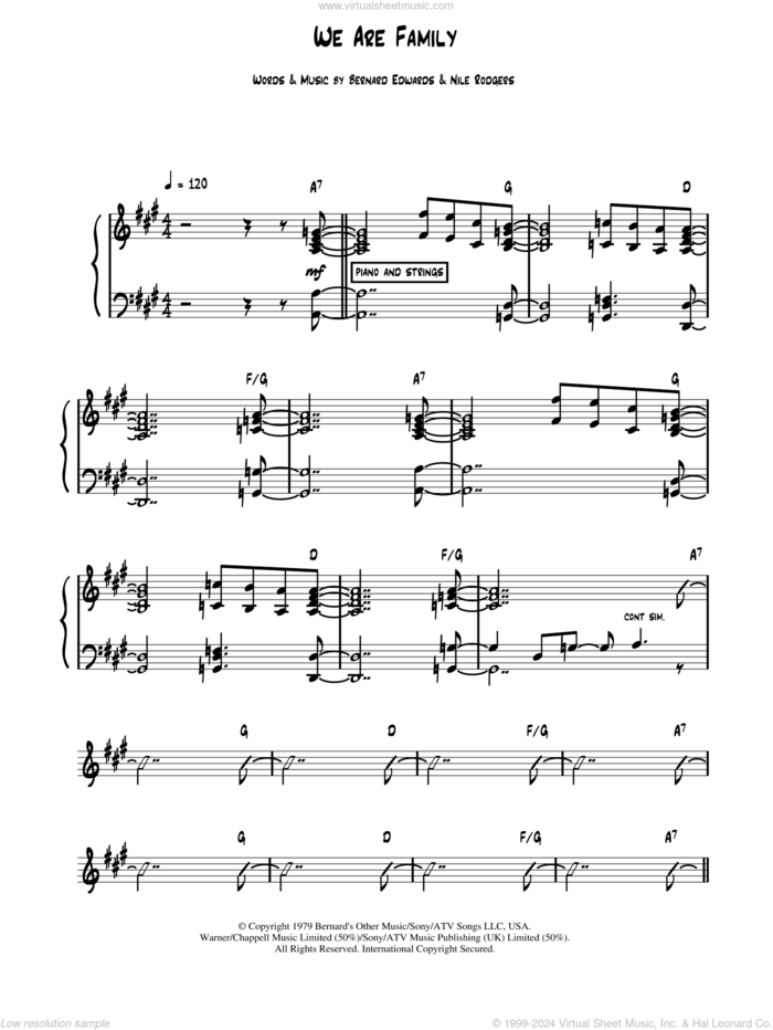 We Are Family, (intermediate) sheet music for piano solo (chords, lyrics, melody) by Sister Sledge, Bernard Edwards and Nile Rodgers, intermediate piano (chords, lyrics, melody)