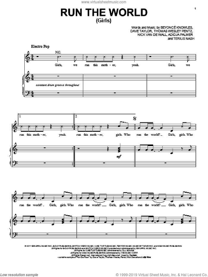 Run The World (Girls) sheet music for voice, piano or guitar by Beyonce, Adidja Palmer, Beyonce Knowles, Dave Taylor, Nick Van De Wall, Terius Nash and Thomas Wesley Pentz, intermediate skill level