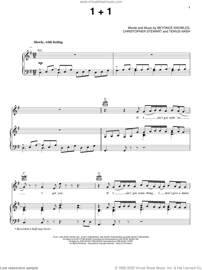 1+1 sheet music for voice, piano or guitar by Beyonce, Beyonce Knowles, Christopher Stewart and Terius Nash, intermediate skill level
