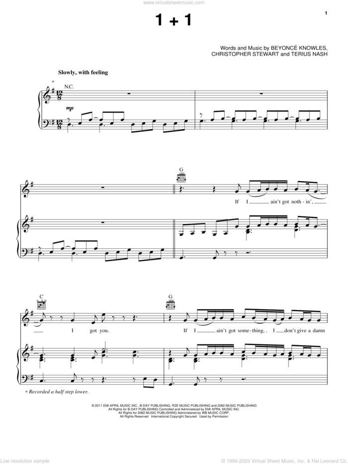 1+1 sheet music for voice, piano or guitar by Beyonce, Beyonce Knowles, Christopher Stewart and Terius Nash, intermediate skill level