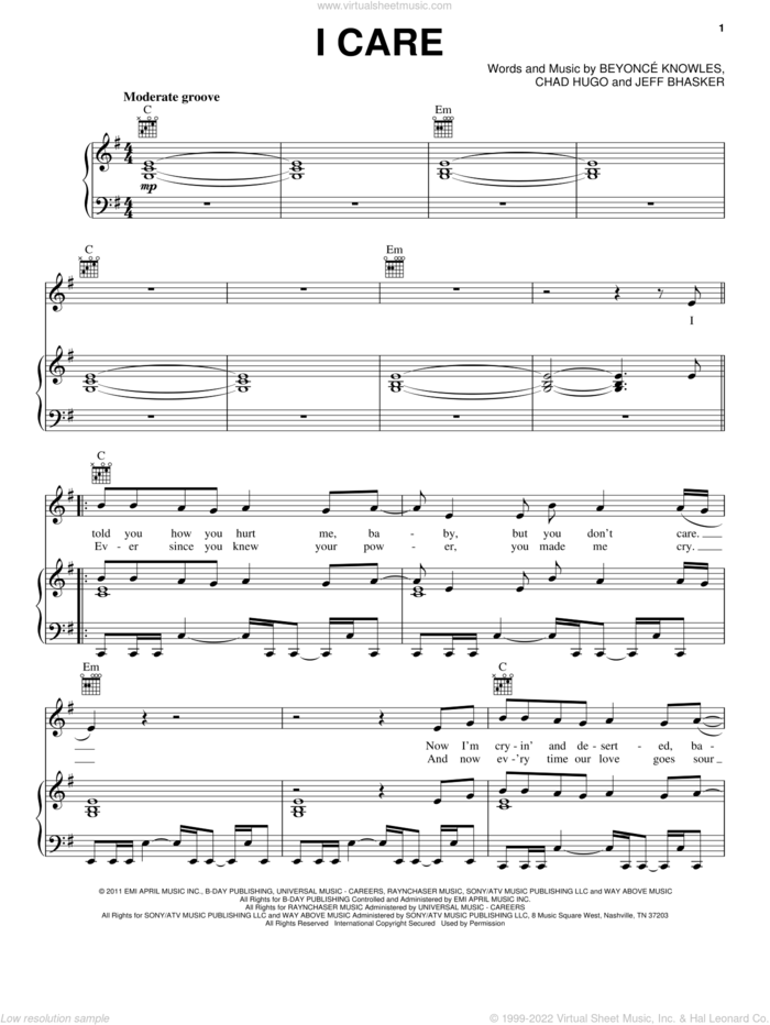 I Care sheet music for voice, piano or guitar by Beyonce, Beyonce Knowles, Chad Hugo and Jeff Bhasker, intermediate skill level