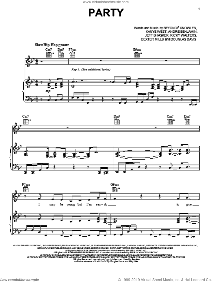 Party sheet music for voice, piano or guitar by Beyonce, Andre Benjamin, Andre Benjamin, Beyonce Knowles, Dexter Mills, Douglas Davis, Jeff Bhasker, Kanye West and Ricky Walters, intermediate skill level