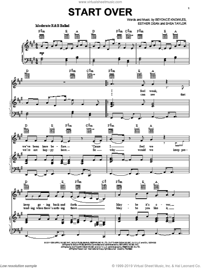 Start Over sheet music for voice, piano or guitar by Beyonce, Beyonce Knowles, Ester Dean and Shea Taylor, intermediate skill level