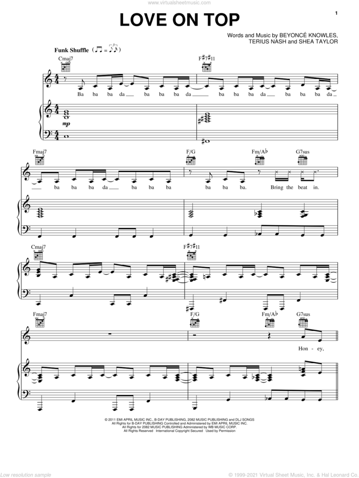 Love On Top sheet music for voice, piano or guitar by Beyonce, Beyonce Knowles, Shea Taylor and Terius Nash, intermediate skill level