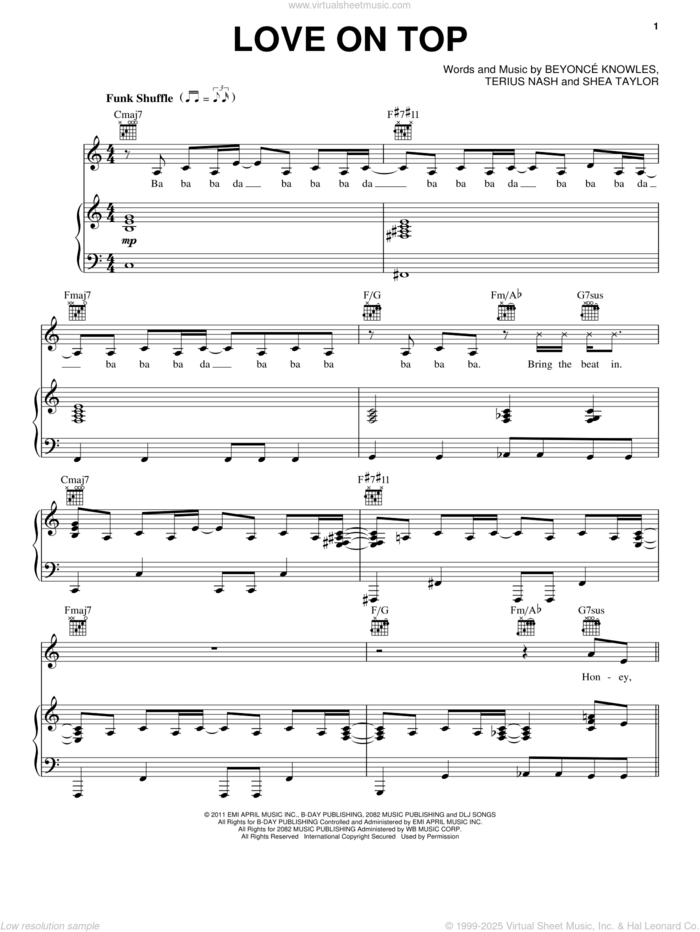 Love On Top sheet music for voice, piano or guitar by Beyonce, Beyonce Knowles, Shea Taylor and Terius Nash, intermediate skill level